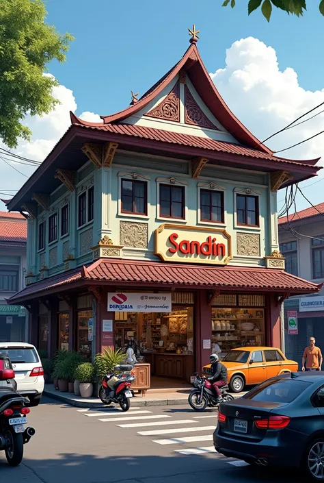 Translate:

"Create a realistic image of a shop building in Indonesia with the name SANDIN, with many vehicles parked in front of it."

