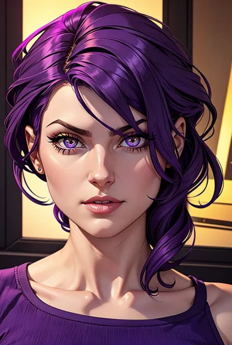 Girl with purple hair, square, she has golden eyes
