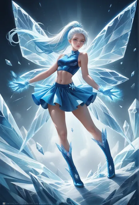 The Ice Fairy, icy sharp transparent blue wings, tight blue top, blue tight skirt, short low waist skirt , open taut tummy, natural pose, ice crystal in hands,, open pale blue gloves, Long ash-colored hair pulled back into a ponytail to the waist, Blue eye...