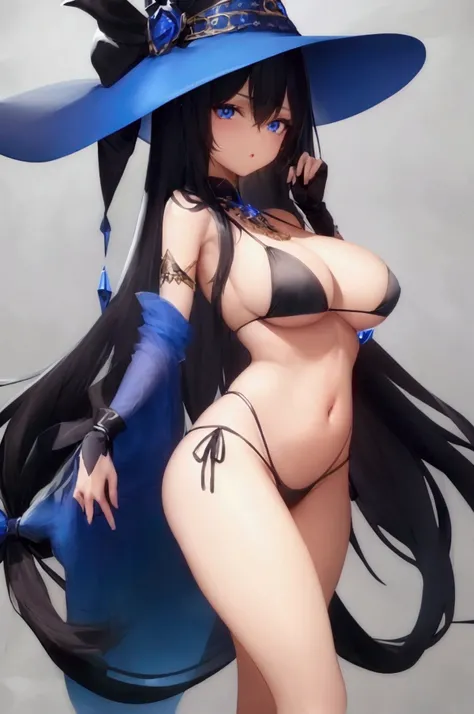 1 girl, masterpiece, Long hair, black hair, medium breasts, blue eyes, big waist, big legs witch hat, pose sexy, revealing bikini with transparent fabric,