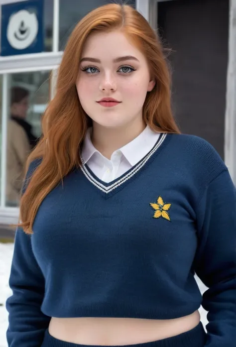 hyperrealistic beautiful chubby 1 teen girl with long legs wearing school uniform sweater, model shooting photography, natural redhead with long hair, extremely fat, freckles, dark eye makeup with eyeliner, small necklace, 8K, Best quality, Meisterwerk, ul...