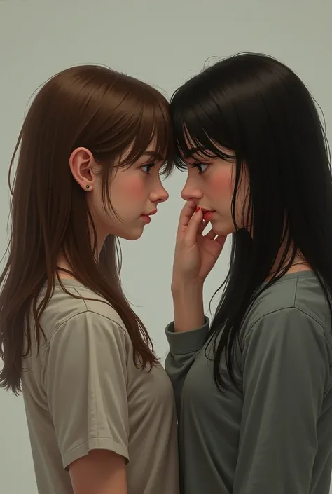 A brown-haired white girl and to her left a dark-haired brunette girl covering her mouth with her hand 