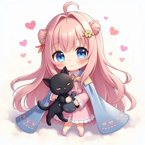 Chibi Character,High image quality,Long Hair,Light pink hair,Light blue eyes,Light pink dress,Black cat holding a kitten,cute,Wearing a light blue cloak,Fluffy atmosphere,Light blush, Hearts in eyes, 