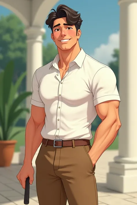 Son Heung-min, SONNY, Sexy 30 year old Korean man, Disney cartoons, muscular, White running shirt,Brown pants, Pick up a drive golf club, a little smile, Look at me, Full body shot