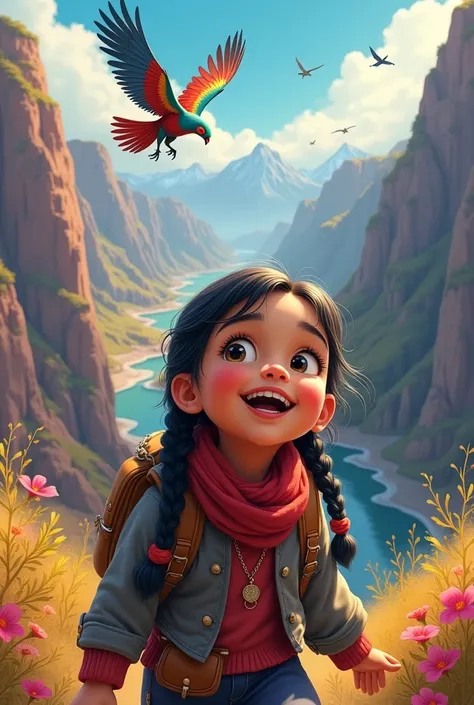 
Images for a story like a drawing of a  Peruvian girl with braided hair and big eyes, Excited in the Colca Canyon, There is an old compass very excited and happy behind it a giant multi-colored bird flying in the distance with multi-colored wings spreadin...