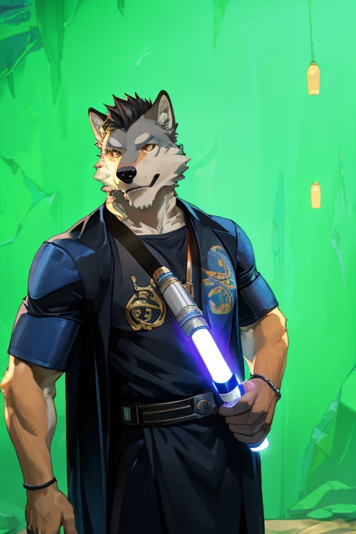 Barefoot furry character, full body, furry male gray wolf, holding a starwars lightsaber

Beefy, brawny, muscular, standing 

BREAK, detailed background, 8K, (masterpiece:1.5), intricate details, highly detailed, extreme detail, anime, best quality, highre...