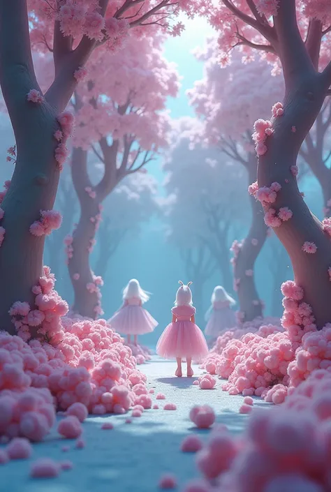 a magcical forest made of cotton candy, surrealism, surrealistic, dark atmospheric