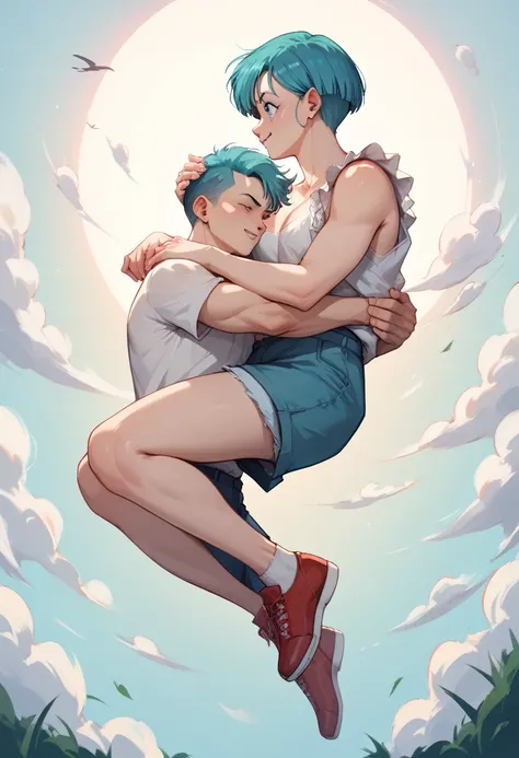 work of art, man flying while carrying bulma in his arms