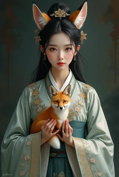 Beautiful Korean girl with small fox ears on her hands she has a fox in an ancient goryeo style dress with a gothic background in full length 