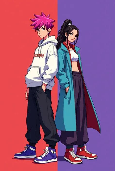 Create two characters with the Overwatch art style A boy with pink samurai hair with a white hoodie and black jogger pants with purple Jordan sneakers with gold toe tips And a slightly shorter girl with long braided hair wearing a crop top with wide leg pa...