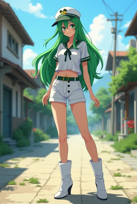 Create an image of the female character Candice from Bleach. Surreal beauty, slim and full-bodied body. shining smile. green eyes, long wavy green hair. Wearing white women&#39;s cap, white top with black sailor buttons, white shorts with green belt, white...