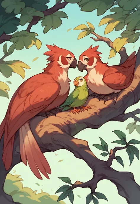 two puppies lying next to each other and a parrot on a branch of a flowering sacura tree