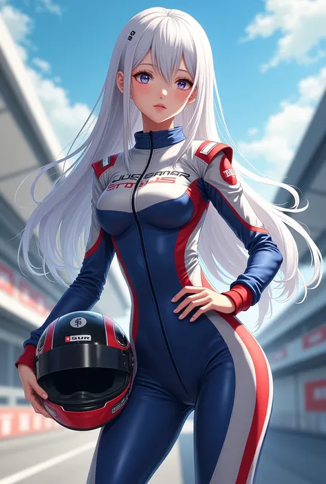 A beautiful racing girl with fluttering white long hair, seen from a little further down, Anime style, Holding a helmet in one hand and looking to the right. 