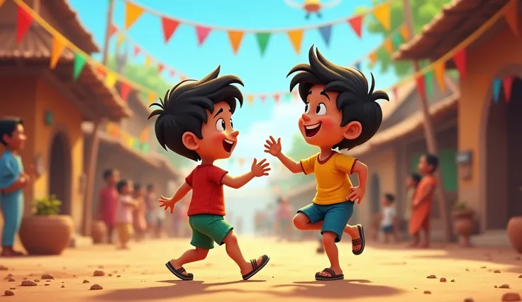 Scene 1: Introduction of Arjun and BabluPrompt: "A bright and lively village scene showing two young boys, Arjun and Bablu, playing together near their homes. Arjun is slightly taller and more confident, while Bablu appears a little shy but happy. The vill...