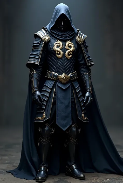 Create an anti-hero with a black samurai costume with blue and gold accents, black hood with two golden dragons on the chest