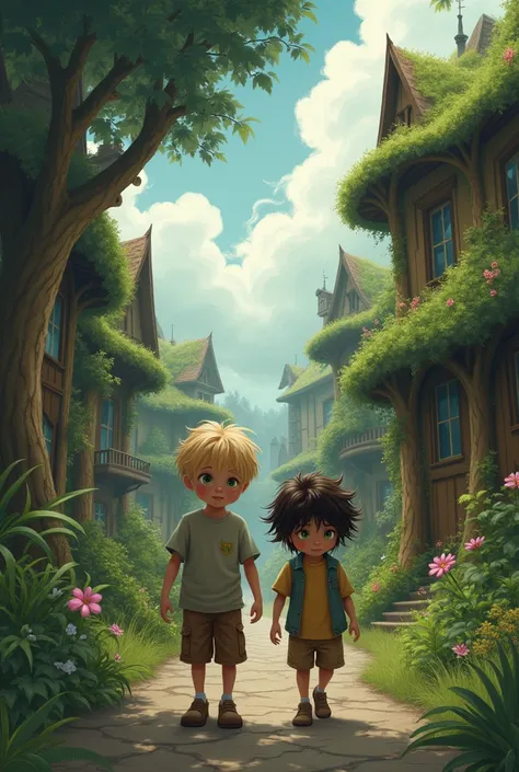 Draw two boys, a tall blond with green eyes and the other brown with long hair as dark as night.

On a street with houses that seem to be made of trees, on a cloudy day.