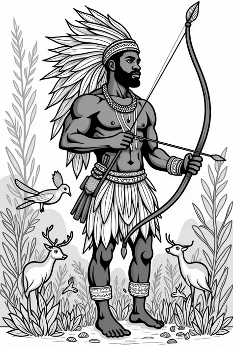 stress free coloring book, page of a strong black man, hunting in the forest, holding a bow and arrows in his hand, wearing clothes made of leaves and an Indian headdress made of leaves, with various animals next to him, cartoon style, thick lines, no colo...