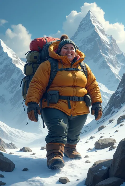 huge chubby woman backpack advanture top of mount evrest 