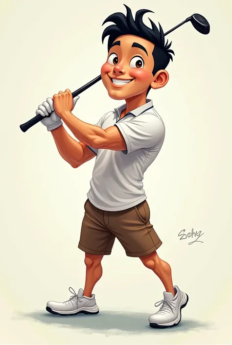 Son Heung-min, SONNY, Sexy 30 year old Korean man, Disney cartoons, muscular, White running shirt,brown shorts, Drive golf club high, a little smile, Look at me, Full body shot, white golf shoes