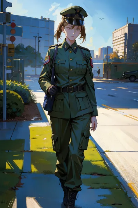 Detailed full body portrait，(A female soldier with a determined expression)、(Inspired by David Hettinger) A realistic painting was created, transformation, Figurative art, Detailed Description, Realistically, Artwork, Contour，  Colorful Noise, Visual clutt...