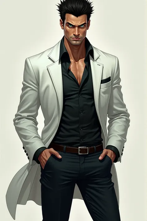 Slade, tanned skin, spiky hair, black hair, turquoise eyes, white jacket clothes, black pants 