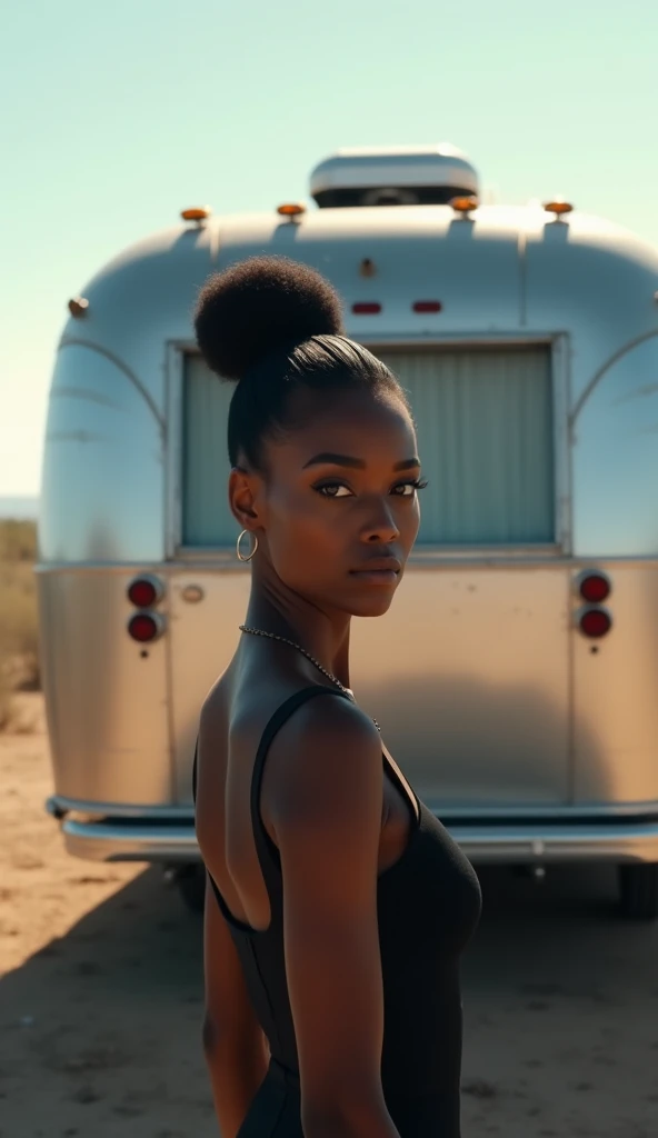 Dark-skinned woman with her hair up outside a silver mobile home 