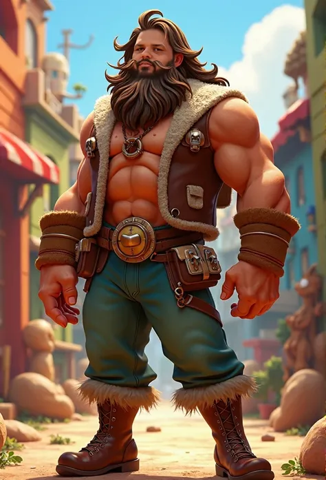 Image of a 6 feet tall handsome man, perfect body with long hair and beard for a story in a YouTube video in Pixar format, Hes the little allabester, Hes the class leader, Hes outgoing, Playful and gets up for a lot of things.