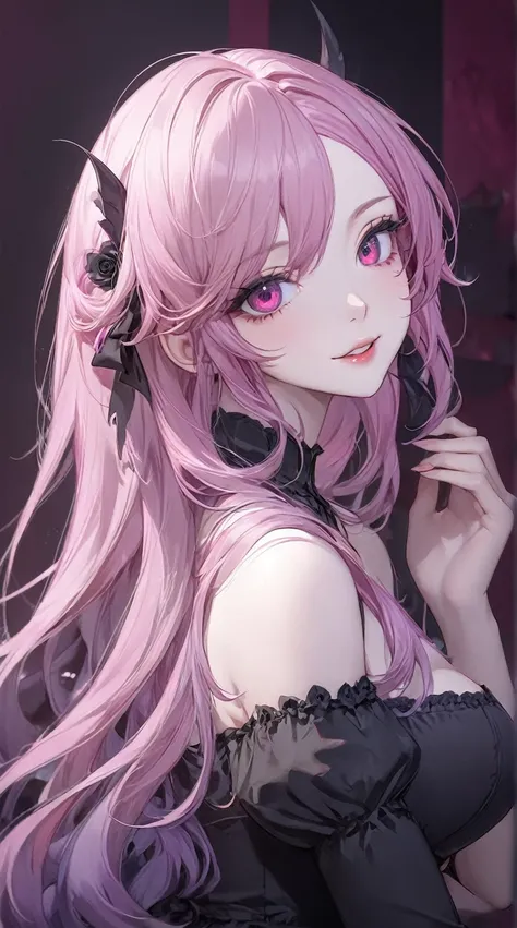 anime girl with pink hair and black top posing for the camera, human anime girl, guweiz, artwork in the style of guweiz, gapmoe ...