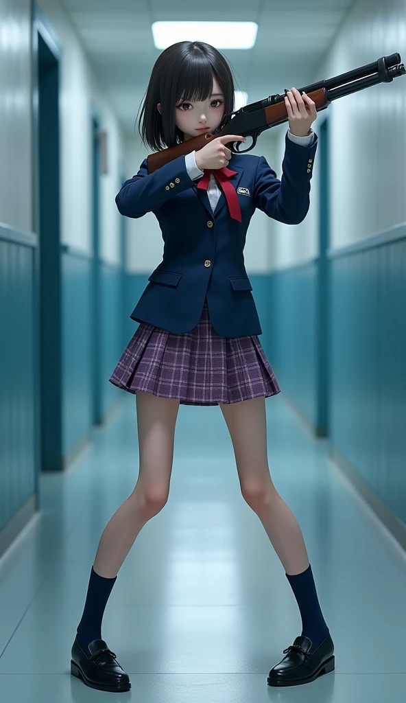 high resolution 4K real person eyes open realistic beautiful japanese high school girl Metropolitan high school uniform check mini skirt satin violet stance legs open spreading arms straighten full portrait holding rifle gun back view facing sexy legs wais...