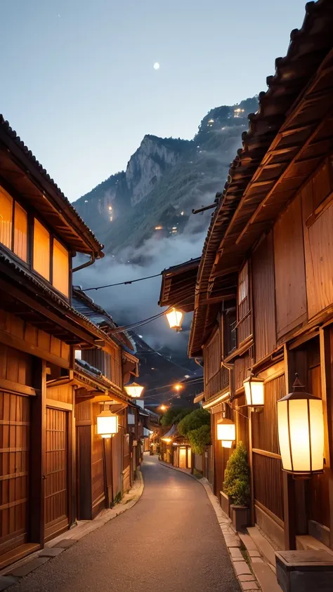 serene moonlit night, sleepy town street, cozy warm lighting, traditional Japanese houses, illuminated lanterns, crescent moon in the sky, mountainous backdrop, narrow winding road, atmospheric urban scenery, peaceful quiet ambiance, slightly foggy distant...