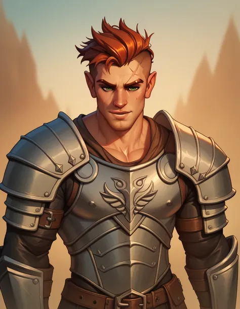 male paladin. salt and pepper hair. handsome, a little older. prominent chin. large scar above the eye. charismatic, muskolös, armor. Dungeons and Dragons