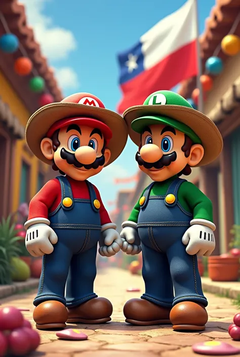 Create Mario and Luigi Bros dressed as Chilean huasos with colorful backgrounds, with Chilean flag in the background