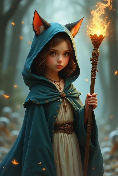 Girl with cat ears and a semi-rebellious mage hood with a staff in her right hand 