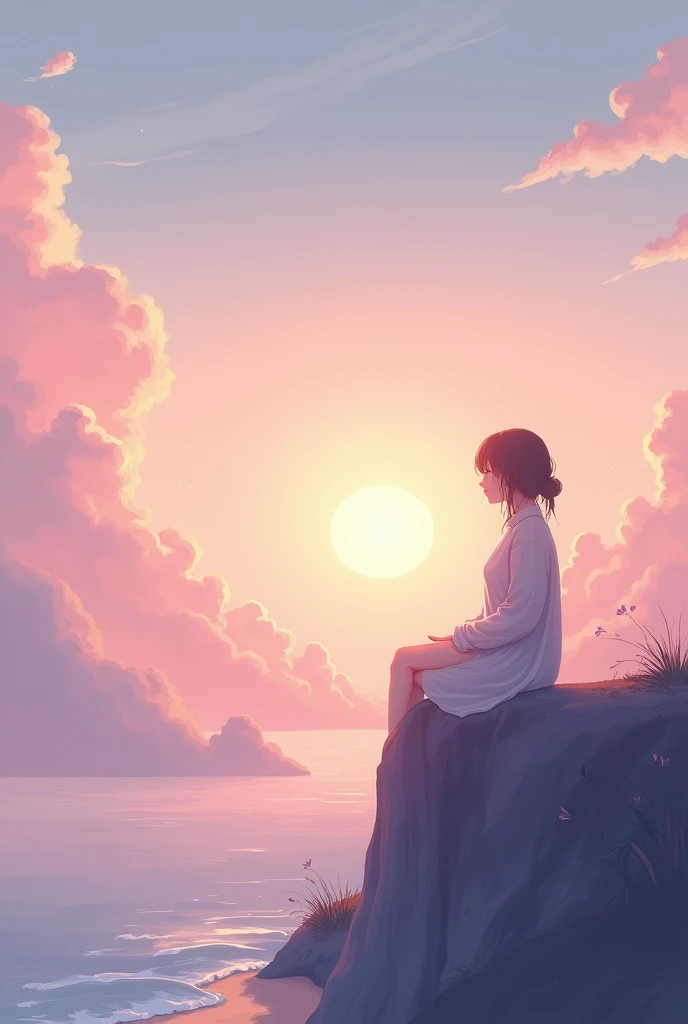 Design an ethereal scene that captures the essence of a serene sunset. The image should feature a tranquil landscape with a person sitting on a cliff or beach, gazing at the breathtaking sky. Use soft, pastel hues to create a dreamlike atmosphere, with the...