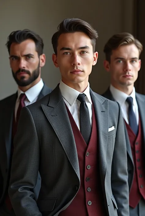 Genrate a Picture of men Wearing gray colored black dotted suit with Burgundy wainscoat