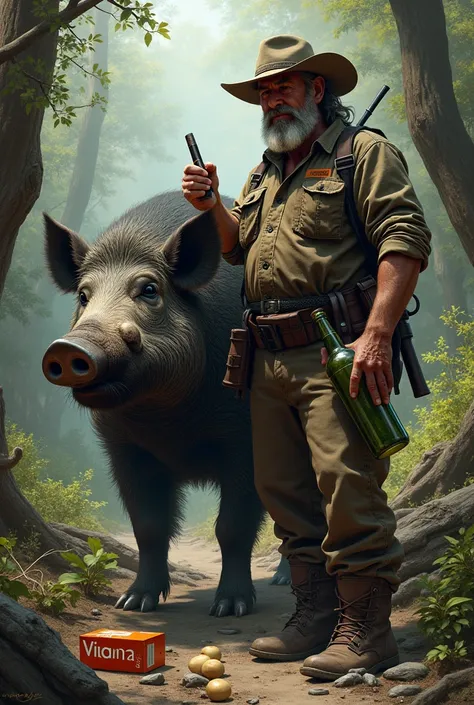 A hunter with a giant dead boar hanging and holding a bottle of gasoline and a box of Viagra medicine lying on the ground. 
