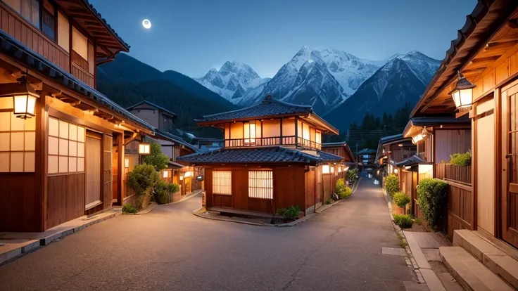 serene moonlit night, sleepy town street, cozy warm lighting, traditional Japanese houses, illuminated lanterns, crescent moon in the sky, mountainous backdrop, narrow winding road, atmospheric urban scenery, peaceful quiet ambiance, slightly foggy distant...