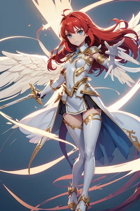 angel character , perfect skin, perfect symmetry, small, warrior, ultra realistic skin, big archangel wings, sword of light, long red hair, little waist, shapely and strong thighs, medium breasts,Sensual, just a pair of wings, full body, realistic lighting...