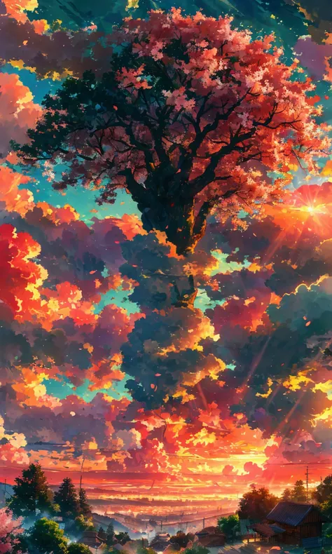 Sunet, red sky, many white cloud, blossome cherry tree, red flowers, warm colors, warm sunlight, anime landscape with a tree and a cabin in the middle, made of tree and fantasy valley, anime nature, anime landscape wallpaper, anime nature wallpap, detailed...