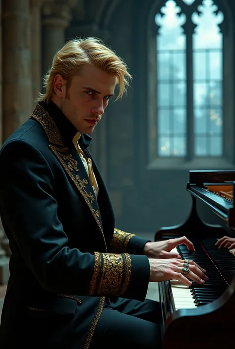 A man in a black suit, golden blonde hair with emerald green eyes, clenched jaw, He plays the piano and has several rings on his hand and plays the notes well and he is in the castle room of a tower and it is night time and he is dressed in a royal suit of...