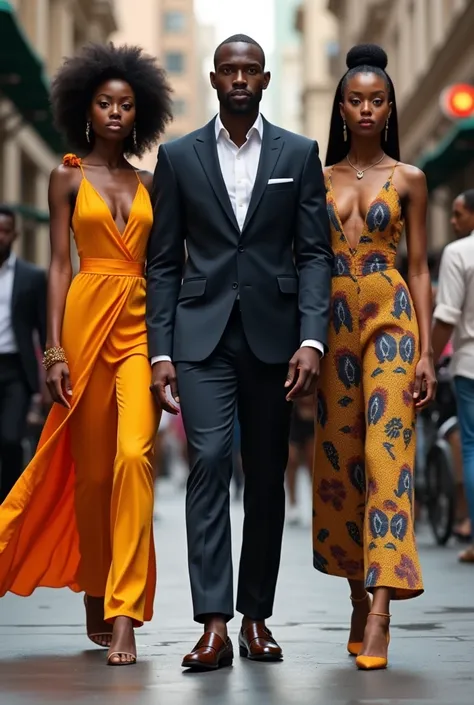 A modern dressed African man with two women 