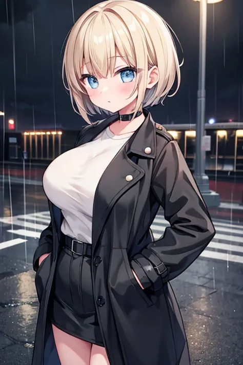 One girl, solo, Shortcuts, Short hairstyle,Black trench coat,rain,night,Put your hands in your pockets,rainに濡れるキャラの横顔, Large Breasts, 