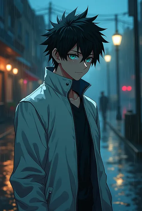 2D anime, Slade, spiky hair, black hair, turquoise blue eyes, white jacket clothes, black pants. Scene on the street raining slade crying 