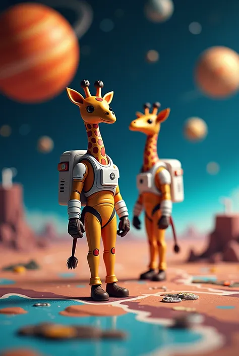 Toy Description: A set of astronaut figures in the shape of giraffes with futuristic space suits. The board is a representation of the solar system, with different planets and space stations. The packaging features an astronaut giraffe floating in space..
...