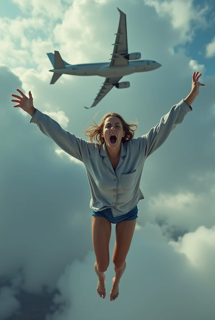 A very thin  is being pushed off a plane in mid-flight, she is screaming and with her limbs stretched out, she is wearing pajamas that are a light, soft, gray, buttonless flannel with a v-neck and short blue pajama shorts. 