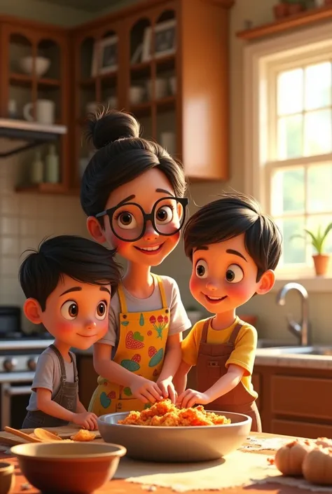 Pixar nostalgic mom with glasses cooking with her two little boys