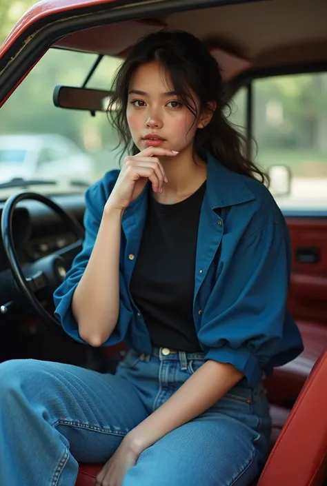 Woman under 19 in a 90s car wearing a blue blouse and a black t-shirt underneath wearing loose blue jeans she is a bit fat she is sitting with her knee close to her chin in front of her car