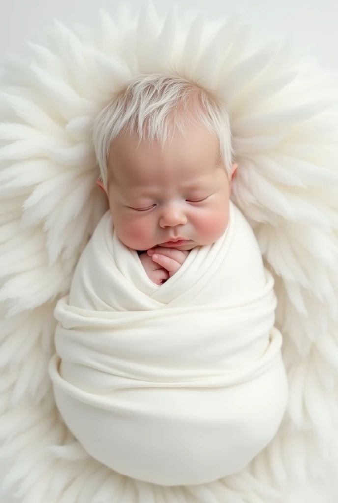 Newborn wrapped in a white blanket with white hair