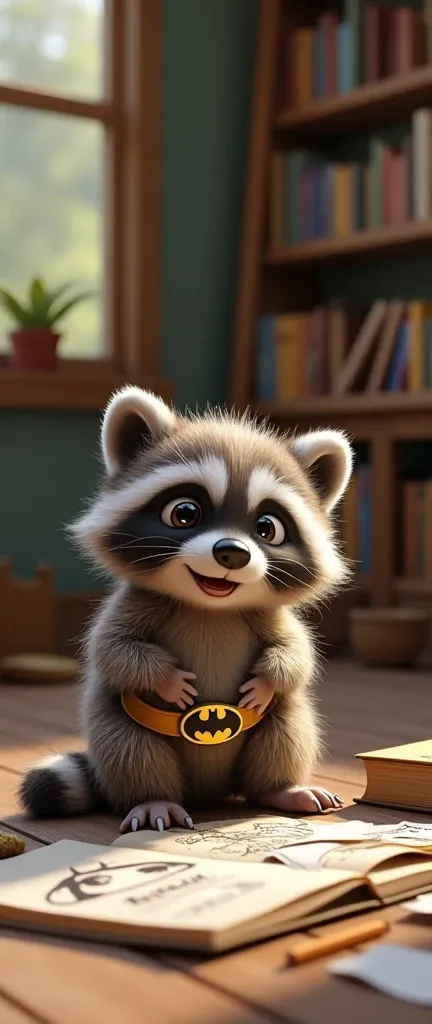 A photo of a fluffy baby raccoon with wide, expressive eyes and an open mouth, sitting on a wooden floor. The raccoon is wearing a belt with a Batman emblem and is holding an open book titled "BATMAN". The book is scattered with various papers and drawings...