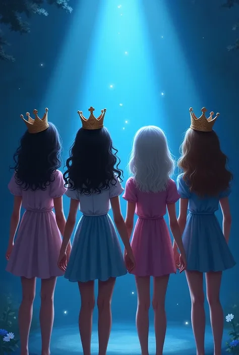 Four girls from behind holding four crowns with a blue light in the background Note: one girl has to have curly hair and brown skin and the others have to have 2B wavy hair and fair skin and they all have to be the same age which is 1 